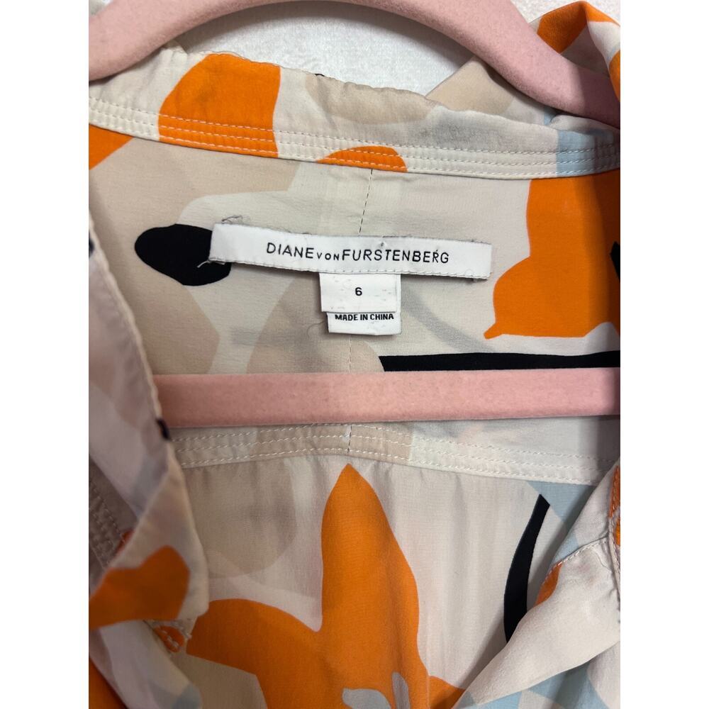 dvf diane von furstenburg silk top size 6 orange flowers beige - Picture 3 of 7